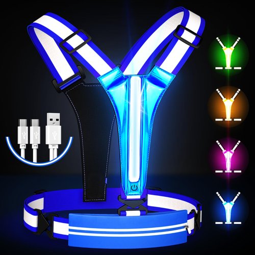 Ylzzrs LED Reflective Vest Running Gear, USB Rechargeable Light Up Running Vest Chest Phone Holder for Runners Night Walking,6-11hrs Light Adjustable Waist/Shoulder for Women Men Kids (Blue)