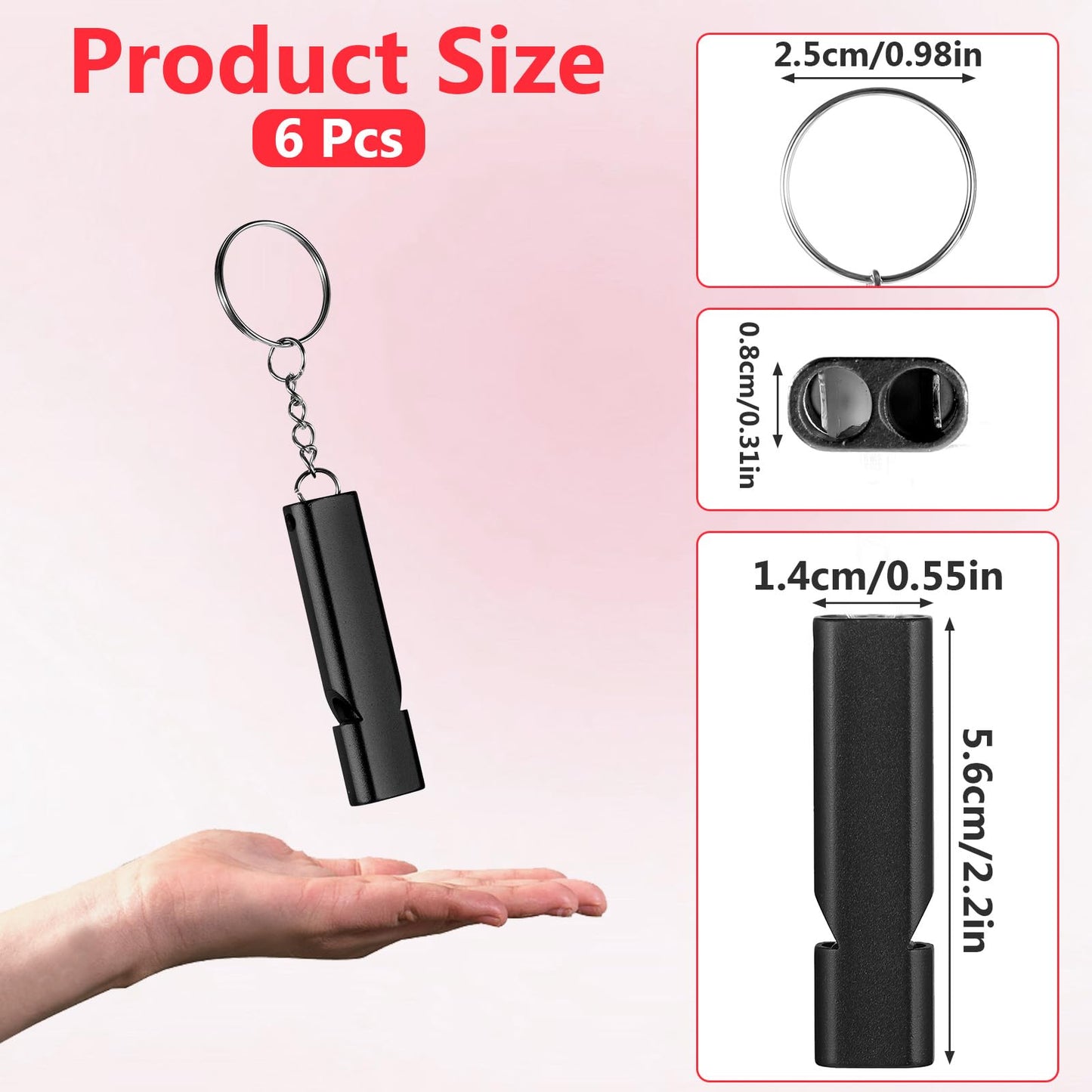 AOZUO 6PCS Emergency Whistles, Loud 120dB Double Tube Whistle Aluminum Alloy Safety Whistle Survival Whistles with Keychain for Outdoor Camping Hiking Hunting Boating Backpacking(Black)