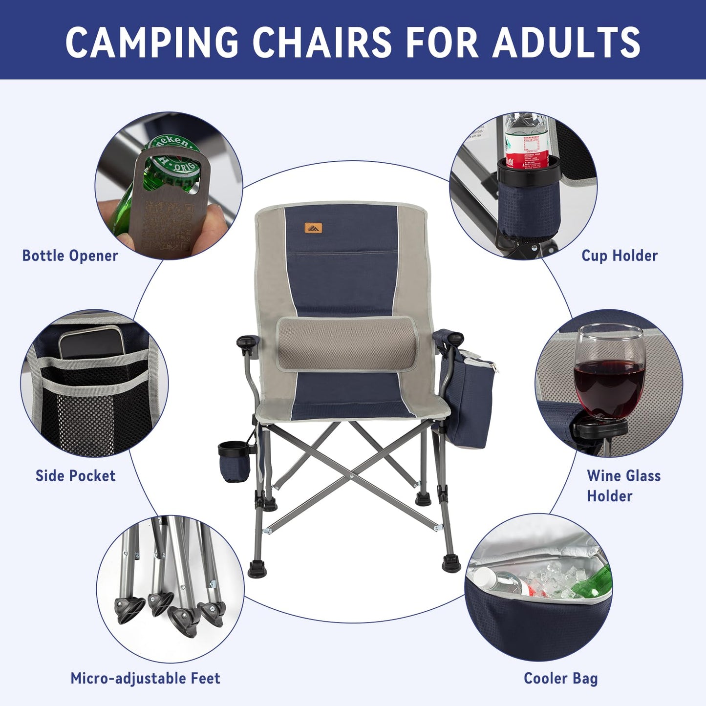 Ablazer Camping Chairs for Adults, Support 350 LBS Folding Chairs for Outside, Lawn Chairs Heavy Duty with Cooler Bag & Cup Holder (Blue & Grey)