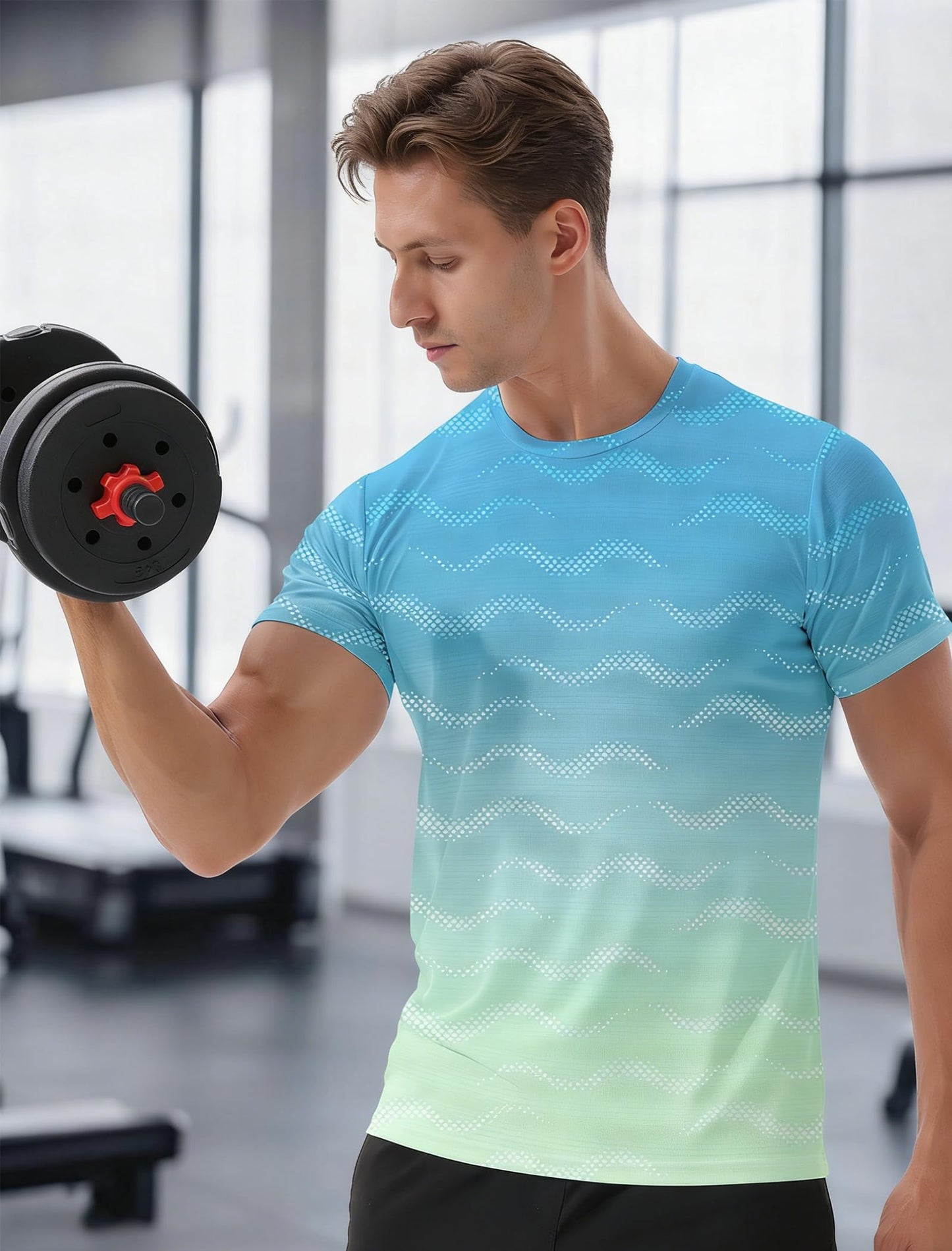 APTRO Men's Dry Fit Workout Shirts Quick Dry Gym T Shirts for Men Athletic Running Training Top Tee Moisture Wicking Lightweight Activewear - Light Blue-Green - L
