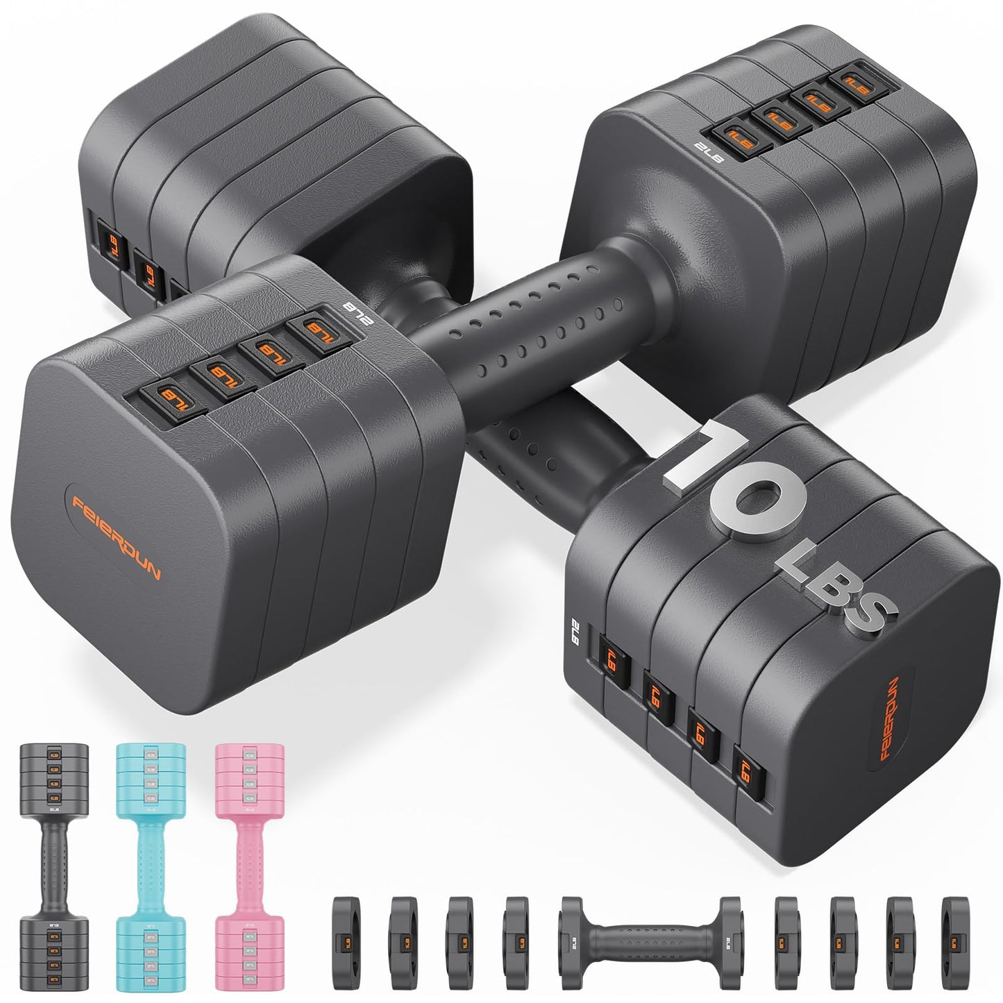 FEIERDUN 5-in-1 Adjustable Dumbbell Set of 2, 20LBS/10LBS Hand Weights for Women, 1s-Adjust Dual-Stable Dumbbell Set for Women Home Gym & Outdoor