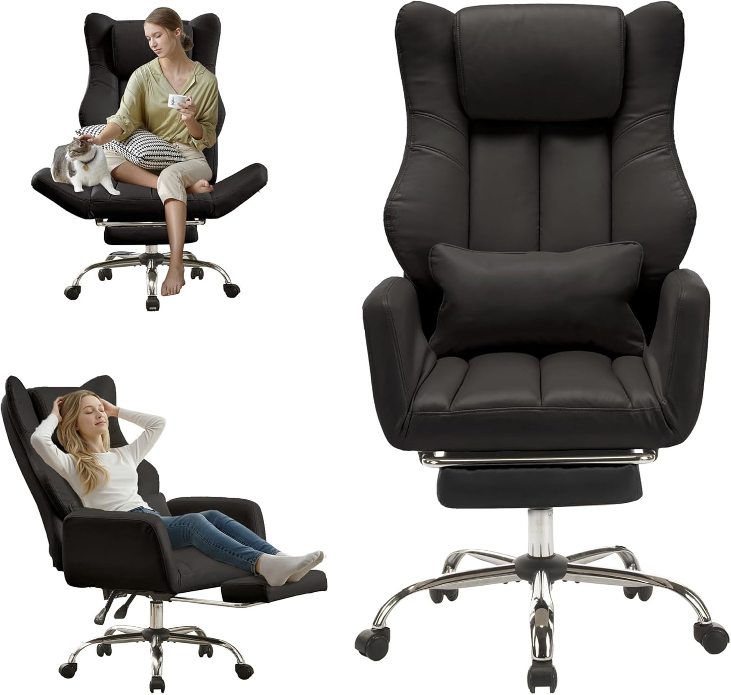 Ergonomic Cross Legged Office Chair with Footrest,Leather Big and Tall Executive Chair with Wheels,Reversible Armrest and Lumbar Pillow,135° Reclining Computer Wide Desk Chair for Home,Office (Beige)
