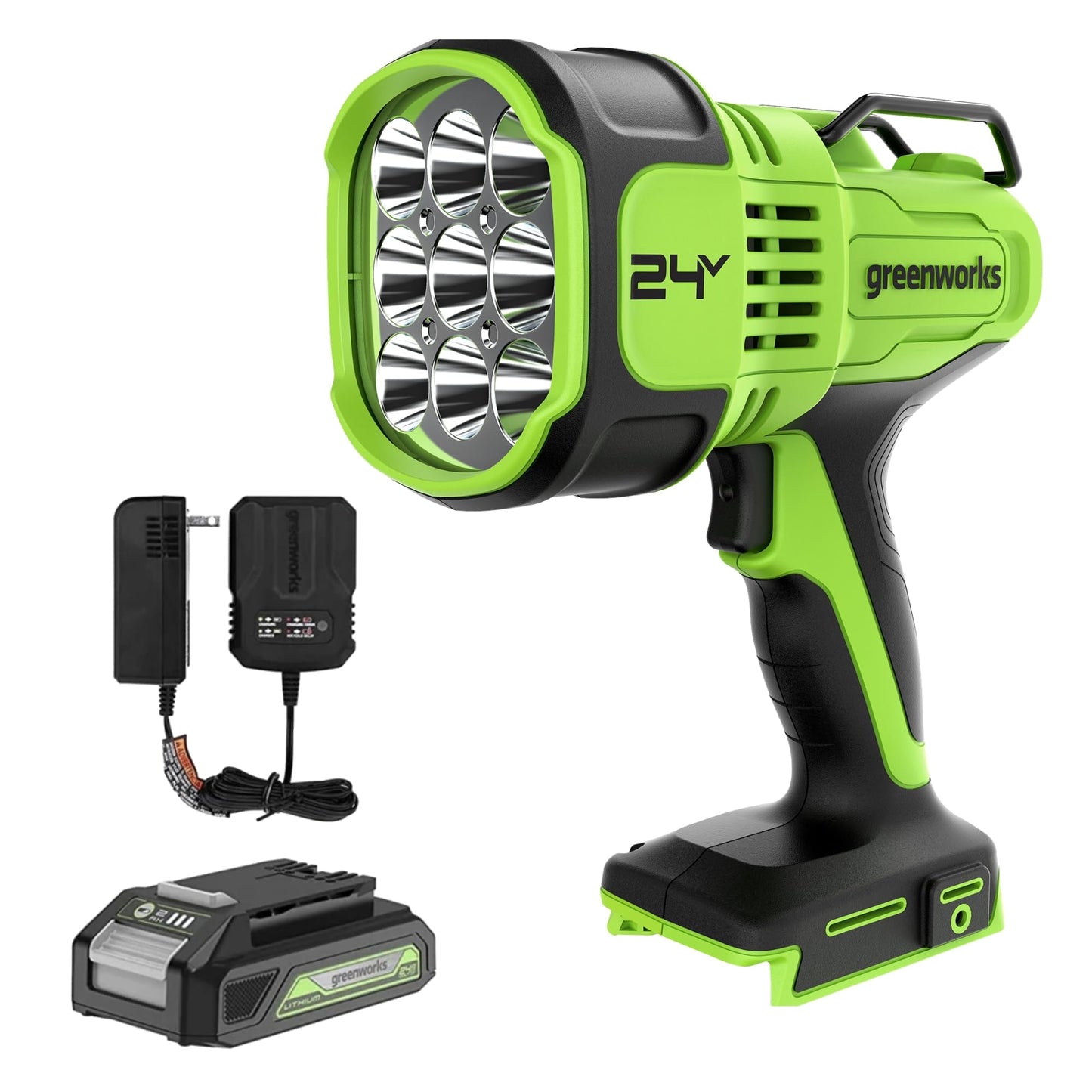 Greenworks 24V LED Handheld Spotlight with 765 Yard Distance, Cordless 3000 Lumen Work Light with 2Ah Battery and Charger