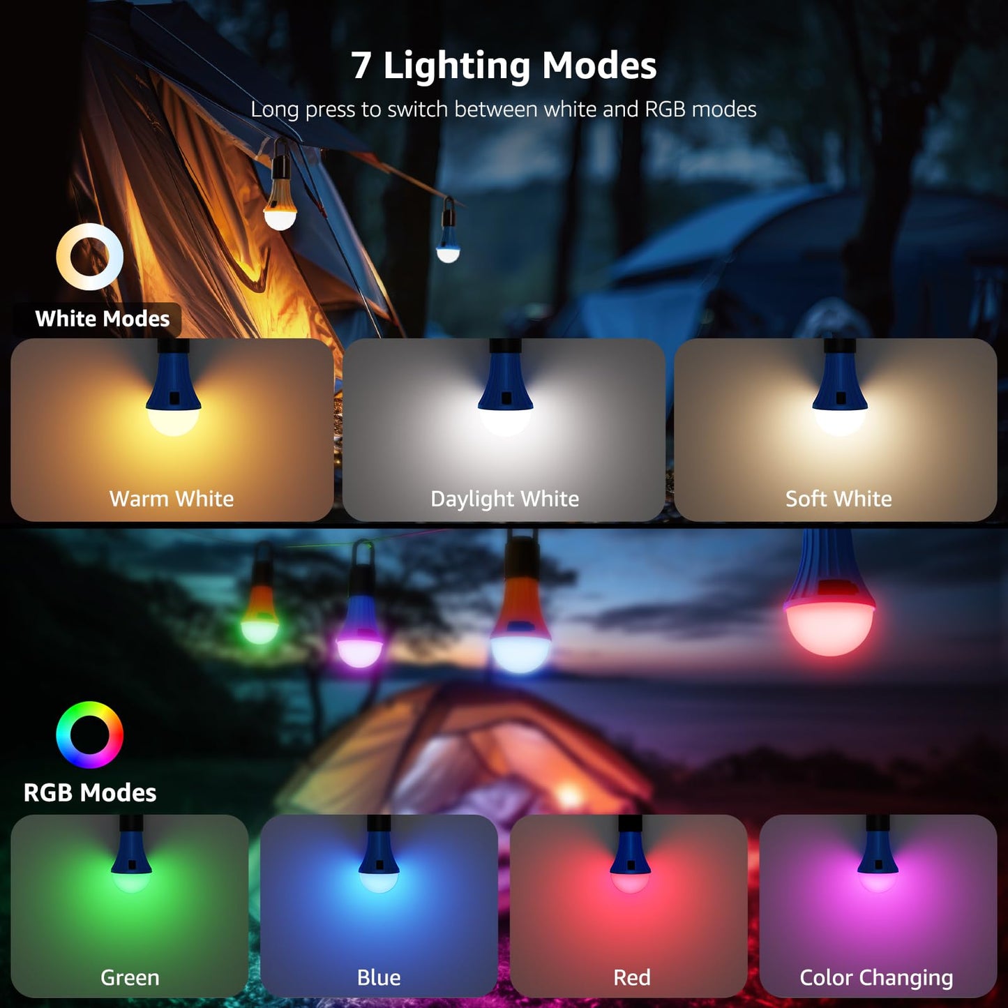 LE Bundle - 2 Items: 1000LM LED Camping Lantern Rechargeable, 4400mAh Power Bank & LED Rechargeable Camping Lantern, 7 White & RGB Light Modes, 2 Packs