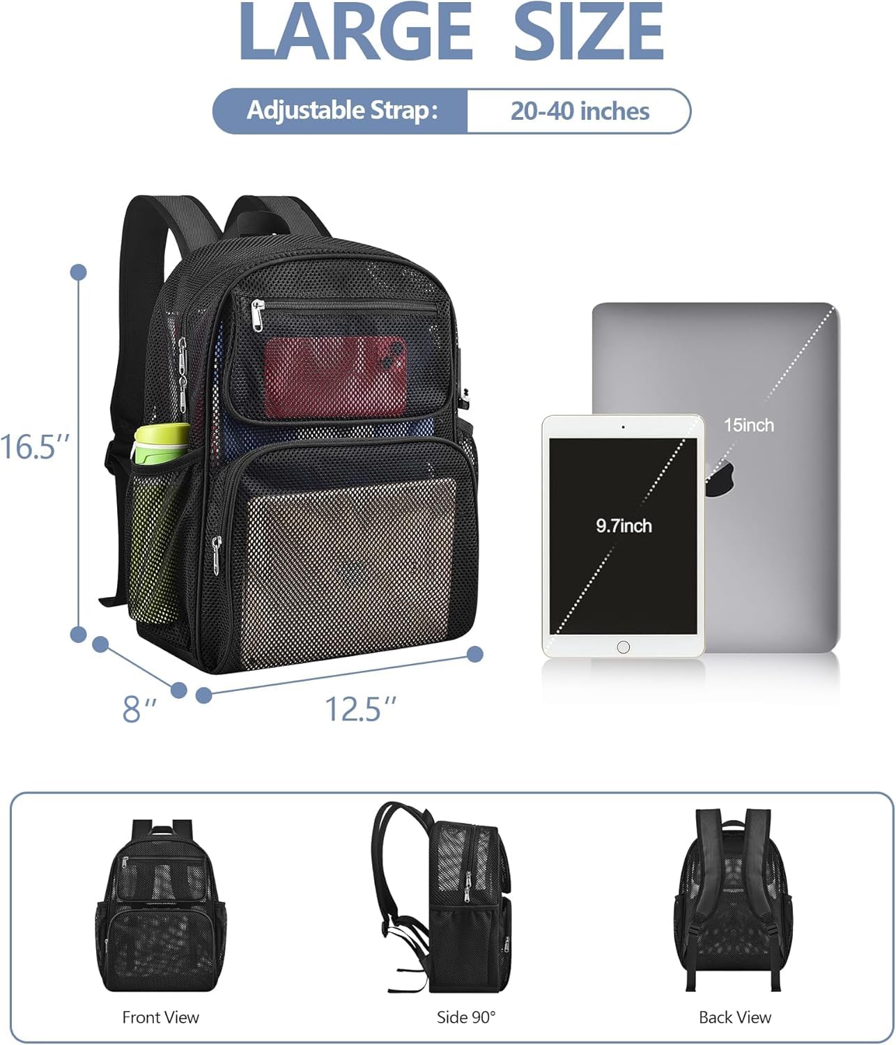 Lyingflat Mesh Backpack with Inner Compartment, Large Heavy Duty Mesh Bookbag with Padded Shoulder Straps for Travel Swimming Hiking Beach - Black