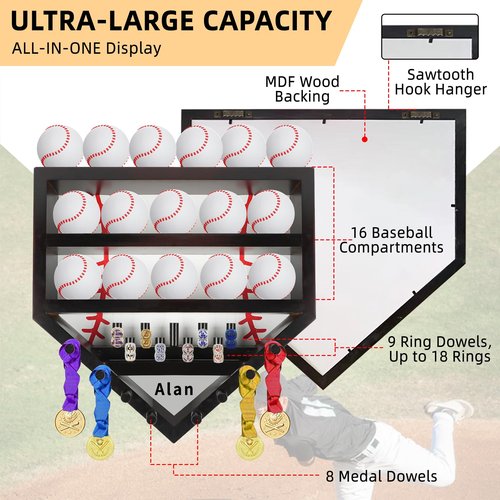 ZRINION Baseball Display Case,Wooden Baseball Ring Holder,Championship Ring Display Case,Baseball Ring Display Case,Baseball Holder Display Case for Balls,Rings,Trophies,Medals,17"×16.5"×3.5"
