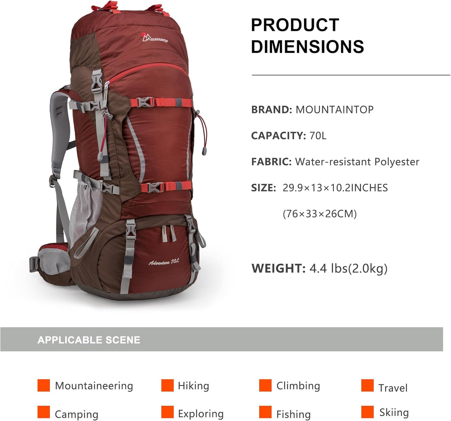 MOUNTAINTOP 70L Internal Frame Backpack Camping Backpacking Hiking Backpack for Men Women with Rain Cover