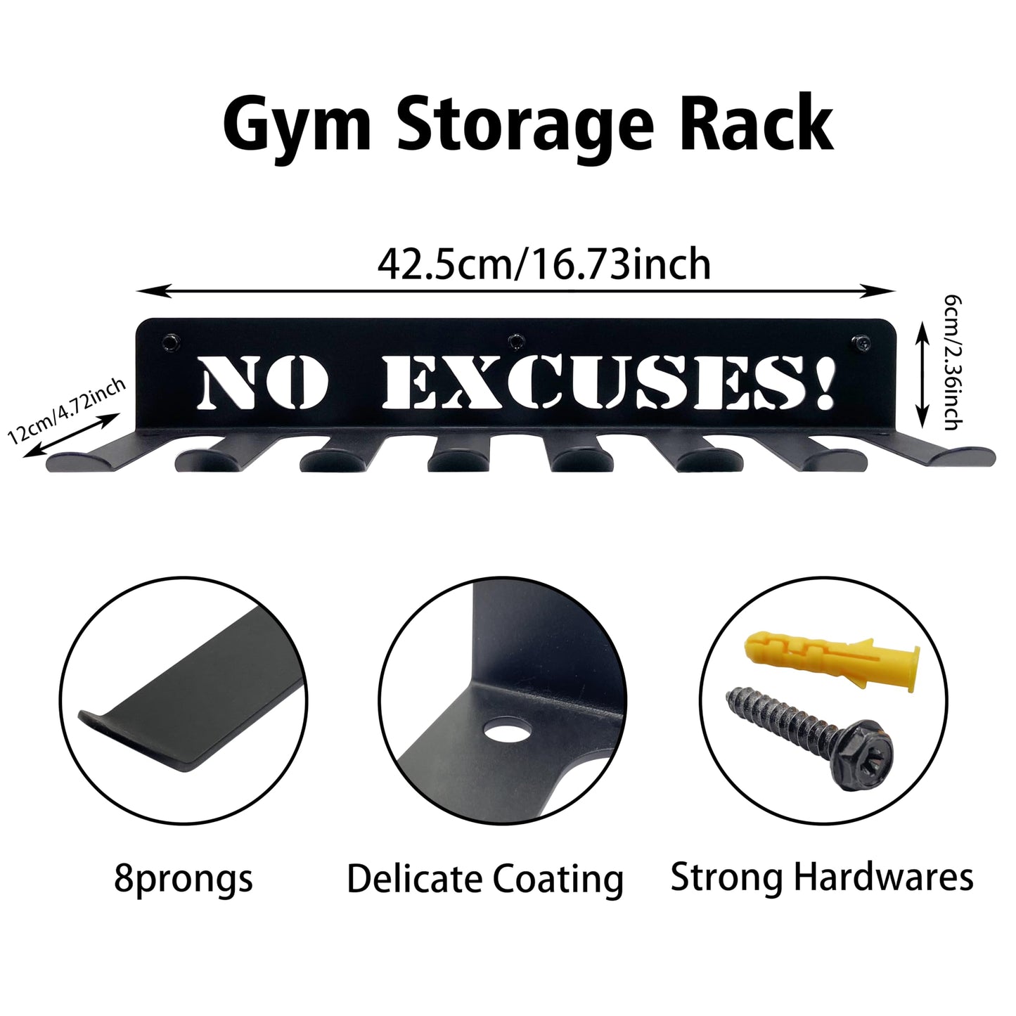 Home Gym Essentials - 16.7 Inch, 8 Hook Gym Storage Rack for Dumbbells, Resistance Bands, Barbell Bars, Jump Ropes & Lifting Belts