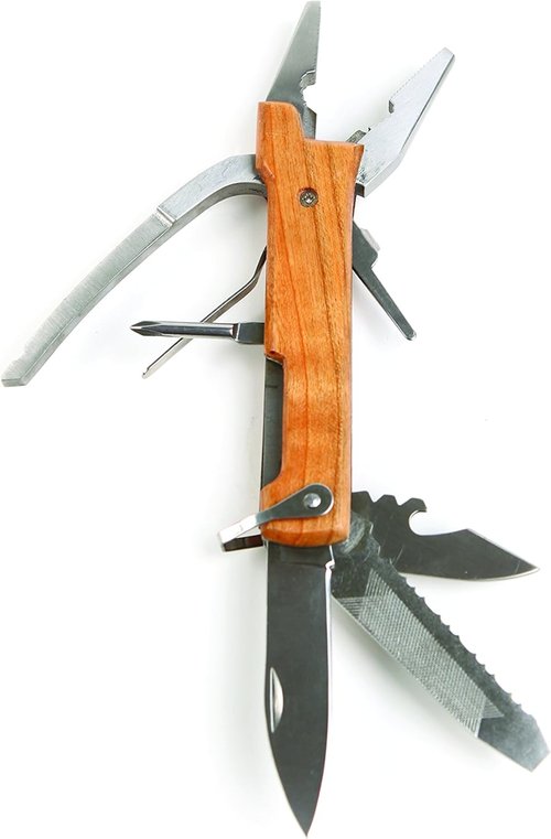 10-in-1 Stainless Steel Multi-Tool with Wood Handle - Compact EDC Gear for Camping & Outdoors