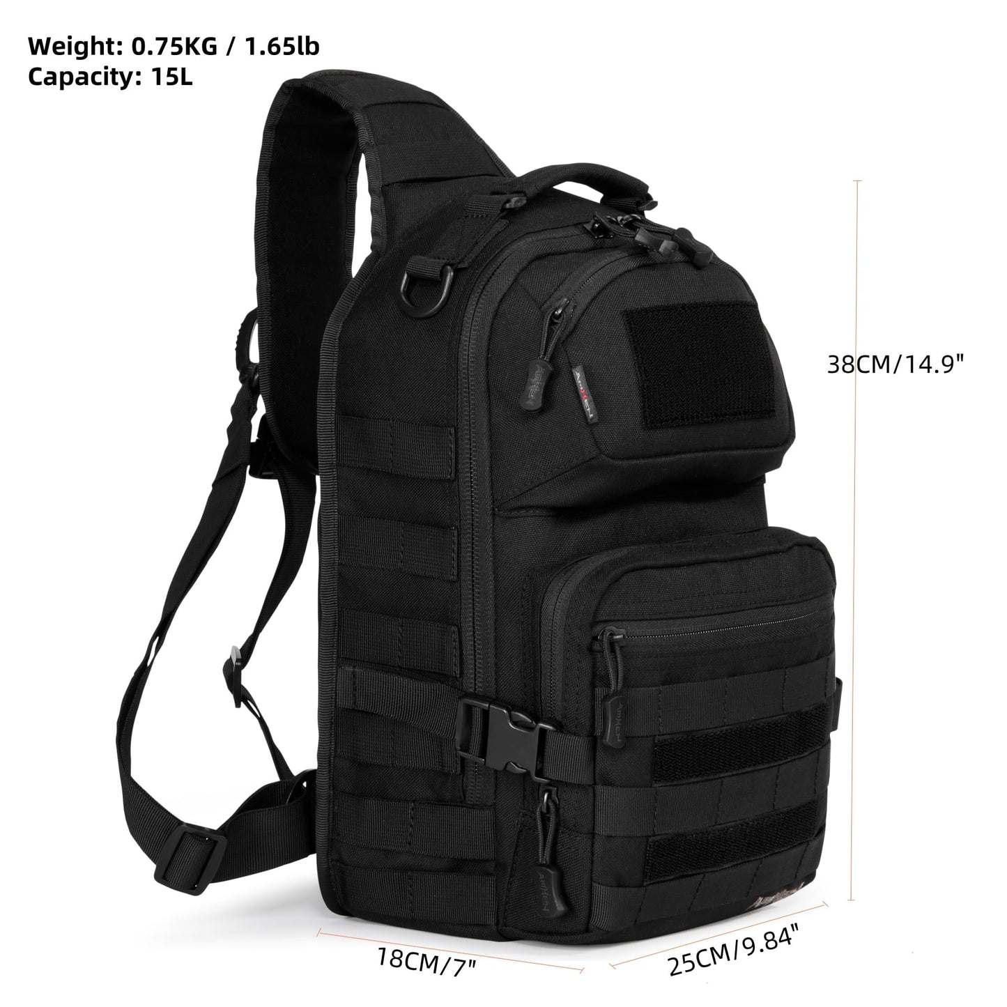 AMHEH Military Tactical Crossbody Sling Bag One Strap Backpack 15L Black | Fit 12 Inch Laptop, Molle, Travel, Hiking, Daily Use