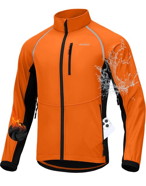 Men's Winter Cycling Jackets Thermal Warm Water Resistant Bike Running Windproof Fleece Cold Weather Mountain Biking Bicycle Riding Gear(Orange/Black,XL)