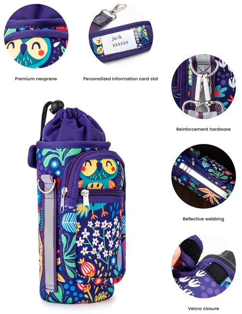 molshine Water Bottle Carrier Bag Holder with Phone Pocket Adjustable Strap for 25 32 40oz, Insulated Neoprene Cover Sleeve Sling Crossbody Bag for Walking Camping Hiking Travelling (Owl)