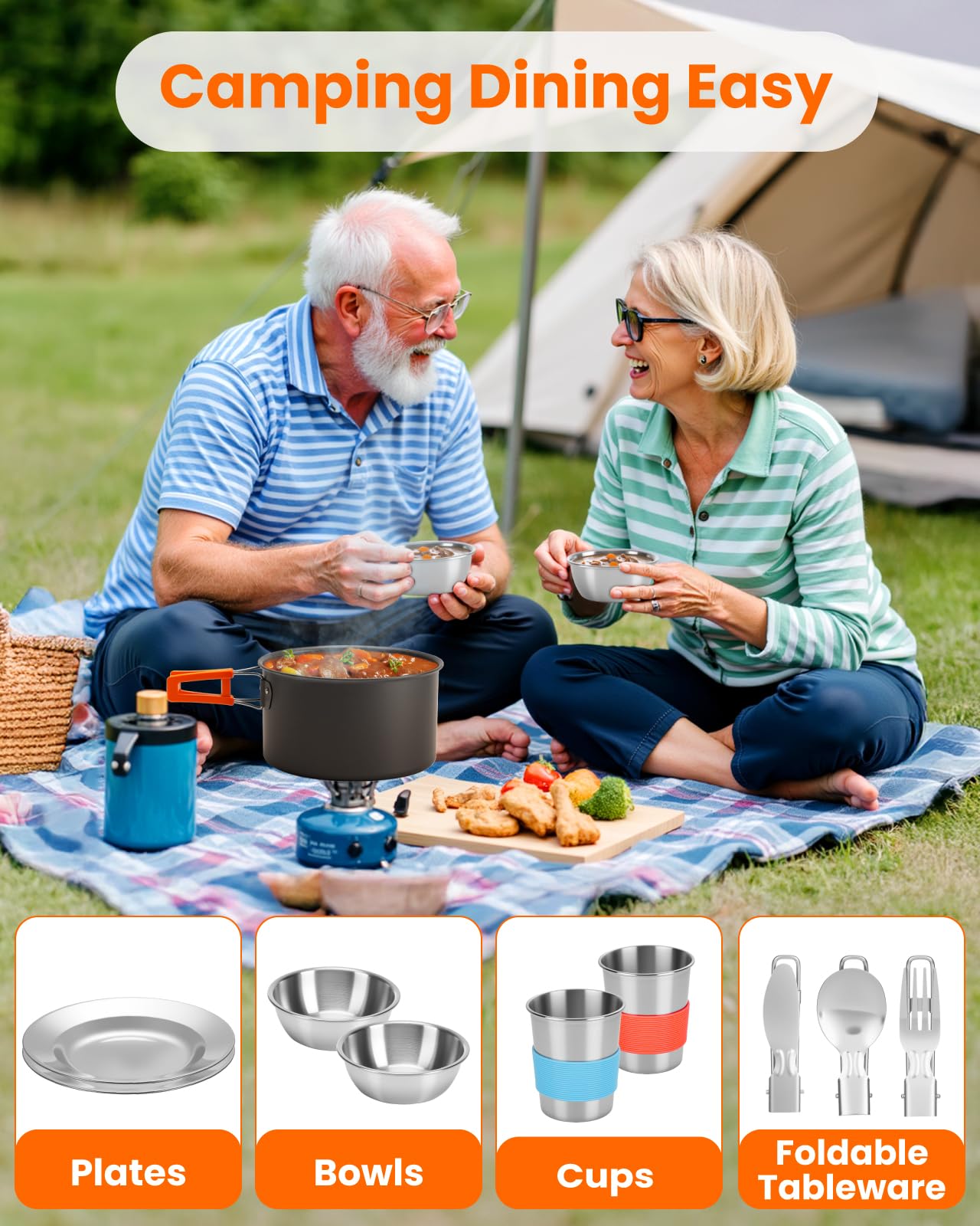 Fitense 22Pcs Camping Cookware Mess Kit for 2, Lightweight Camping Kitchen Pots and Pans Set, Portable Camping Essentials for Backpacking, Camping Cooking Hiking and Picnic