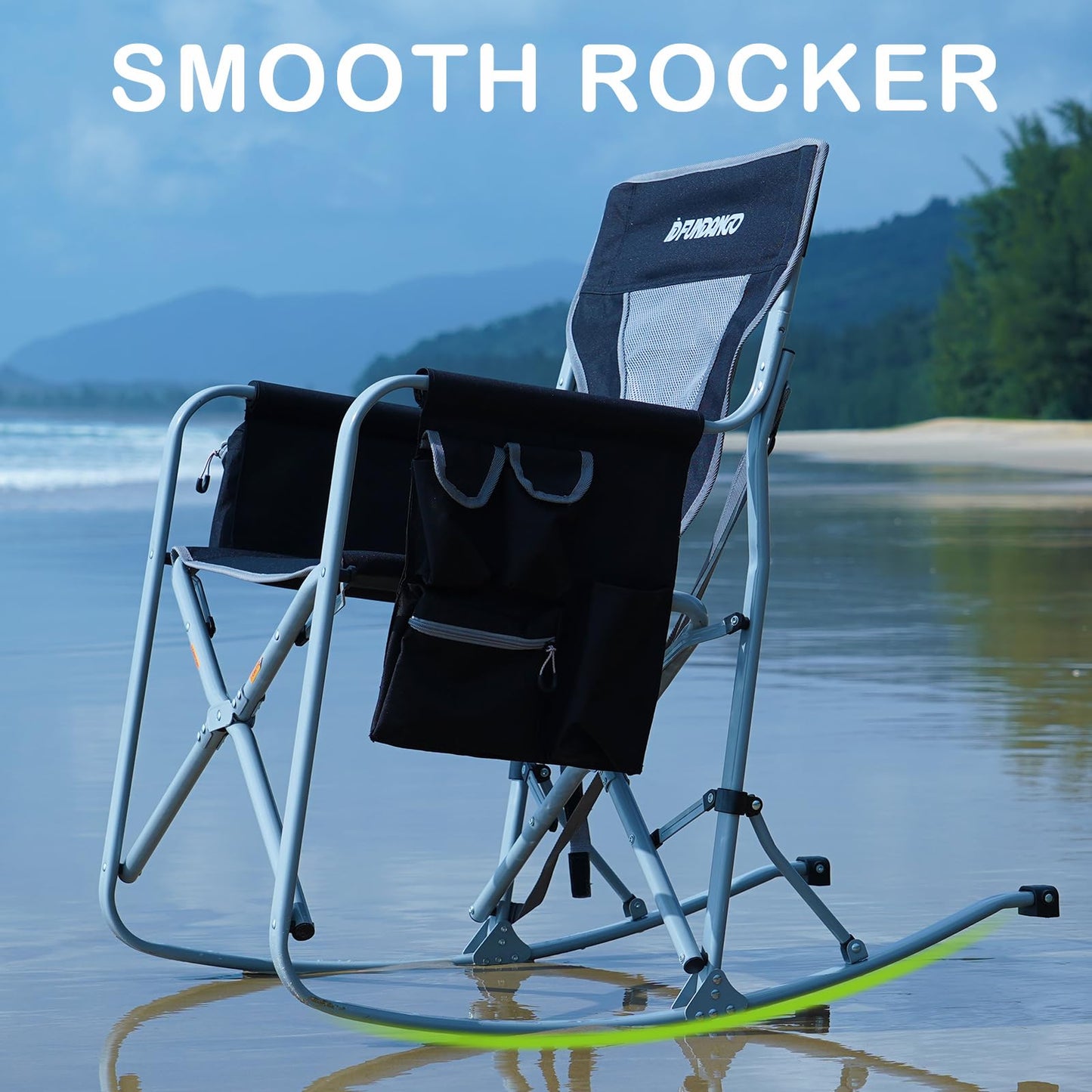 FUNDANGO Rocking Camping Chair for Adults, Oversized Portable Rocking Chair Outdoor Folding with Cooler and Side Pocket for Outside, Backyard, Patio, Lawn, Garden (Black/Grey)