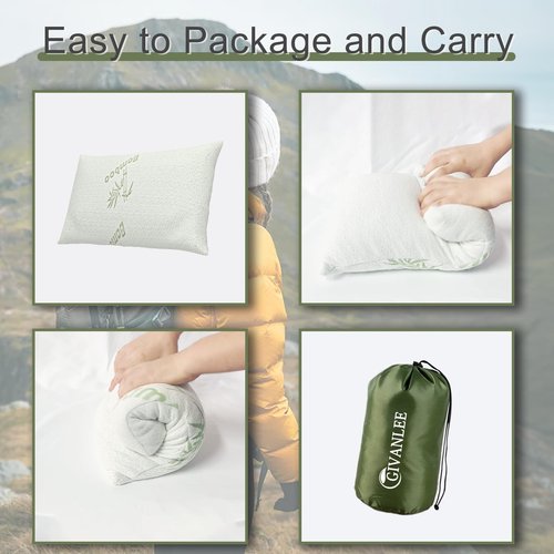 GIVANLEE Camping Pillow for Sleeping 2 Pack,Travel Pillow Compact Filled in Shredded Memory Foam,Portable with Storage Bag,Soft Cover,Small Pillow for Camp Backpacking Hiking Gear&Accessories