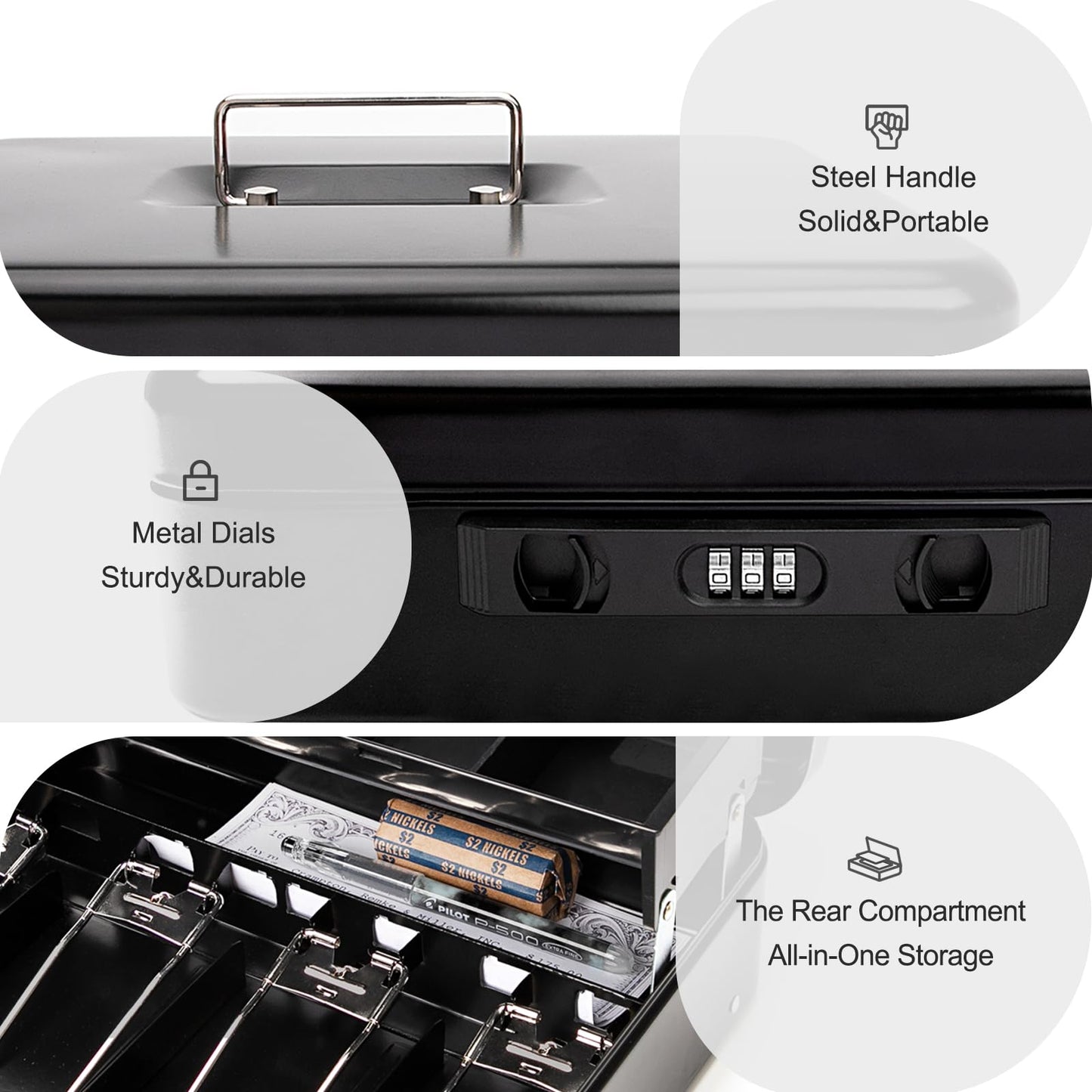 Jssmst Cash Box with Sliding Coin Lid and Snap Latch Combination Lock - Portable Cash Box with Money Tray and Lock, Secure Locking Money Box for Cash Organizer, 11.8L x 9.5W x 3.5H Inches, Black