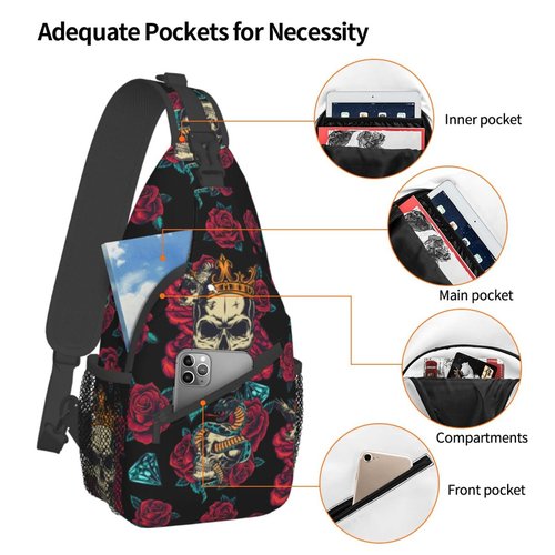 Skull Red Roses Sling Backpack For Men Snake Eagle Hiking Daypack Crossbody Shoulder Bag Travel Chest Pack