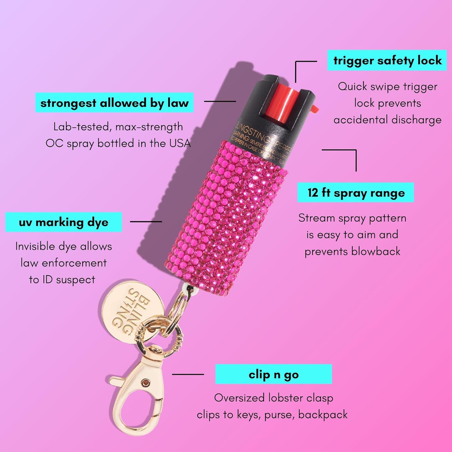 BLINGSTING Pepper Spray for Women - Maximum Strength OC Self Defense Spray - 12 ft Range - UV Marking Dye for Police ID - Swipe Safety Lock - Compact & Fashionable Keychain