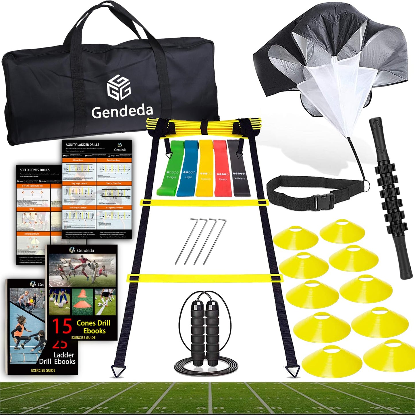 Gendeda Speed Agility Training Set, Includes Agility Ladder, Resistance Parachute, Jump Rope,5 Resistance Bands, Muscle Roller Stick and 10 Cones, Speed Training Equipment for Soccer Football (Yellow)