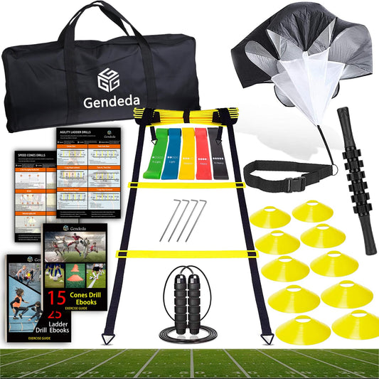Gendeda Speed Agility Training Set, Includes Agility Ladder, Resistance Parachute, Jump Rope,5 Resistance Bands, Muscle Roller Stick and 10 Cones, Speed Training Equipment for Soccer Football (Yellow)