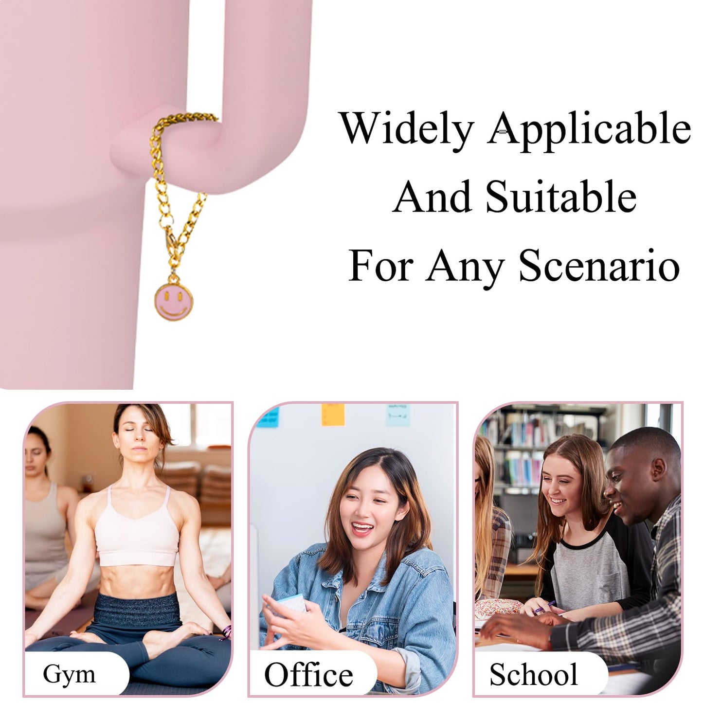 JarThenaAMCS 3Pcs Smile Face Water Bottle Charm Black White Pink Round Shape Charm Happy Face Charm Accessories for 30 & 40 OZ Tumbler with Handle