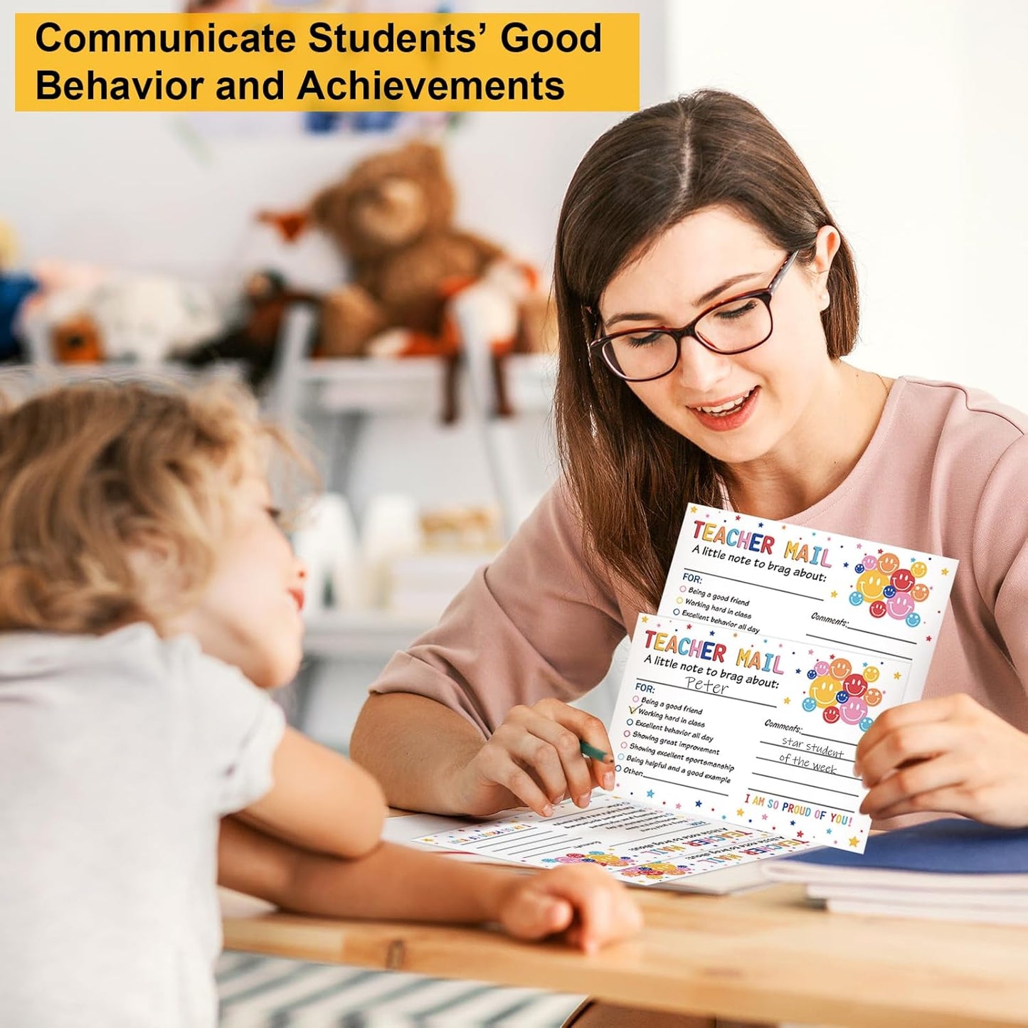 50Pcs Teacher Mail Notes to Parents, Smiley Face Happy Mail Postcards Classroom Good Behavior Incentive Motivational Cards to Send Home for Preschool Kindergarten Elementary School Teacher Supplies