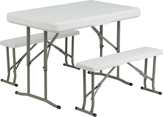 Flash Furniture Rowan 3 Piece Portable Plastic Folding Bench and Table Set,Granite White