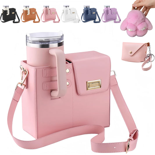 Kascool Outdoor Portable Crossbody Water Cup Storage Bag, Compatible with Stanley & Most Water Bottles, Crossbody Bag with Sports Water Bottle Holder for Women | Adjustable Shoulder Strap (Pink)