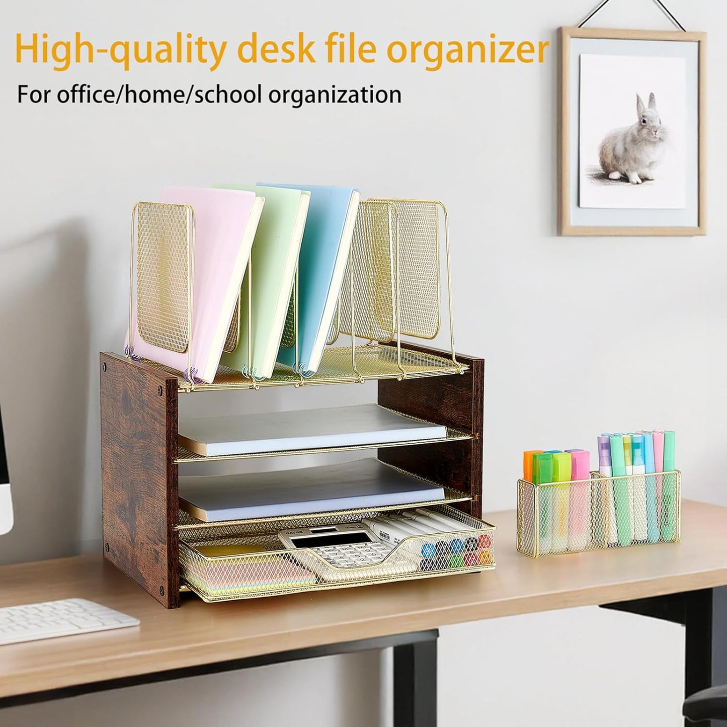Wood Desk Organizers and Accessories, 4-Tier Workspace Desktop Paper Organizer with Drawer, 5 Vertical File Holders and Pen Holder for Office Supplies