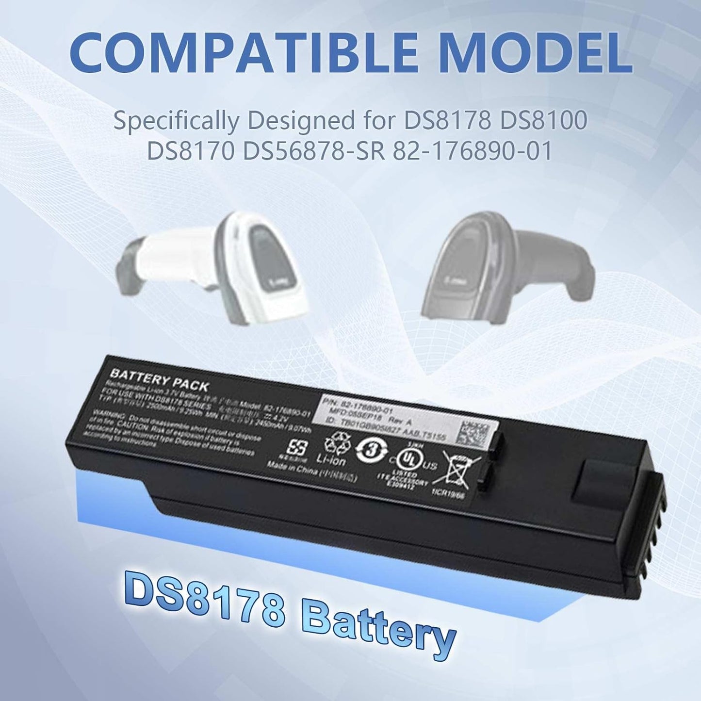 (5 Pack) Replacement for Zebra DS8178 Scanner Battery - DS8100 DS8170 DS6878-SR Handheld Barcode Scanner Battery 82-176890-01 3400mAh