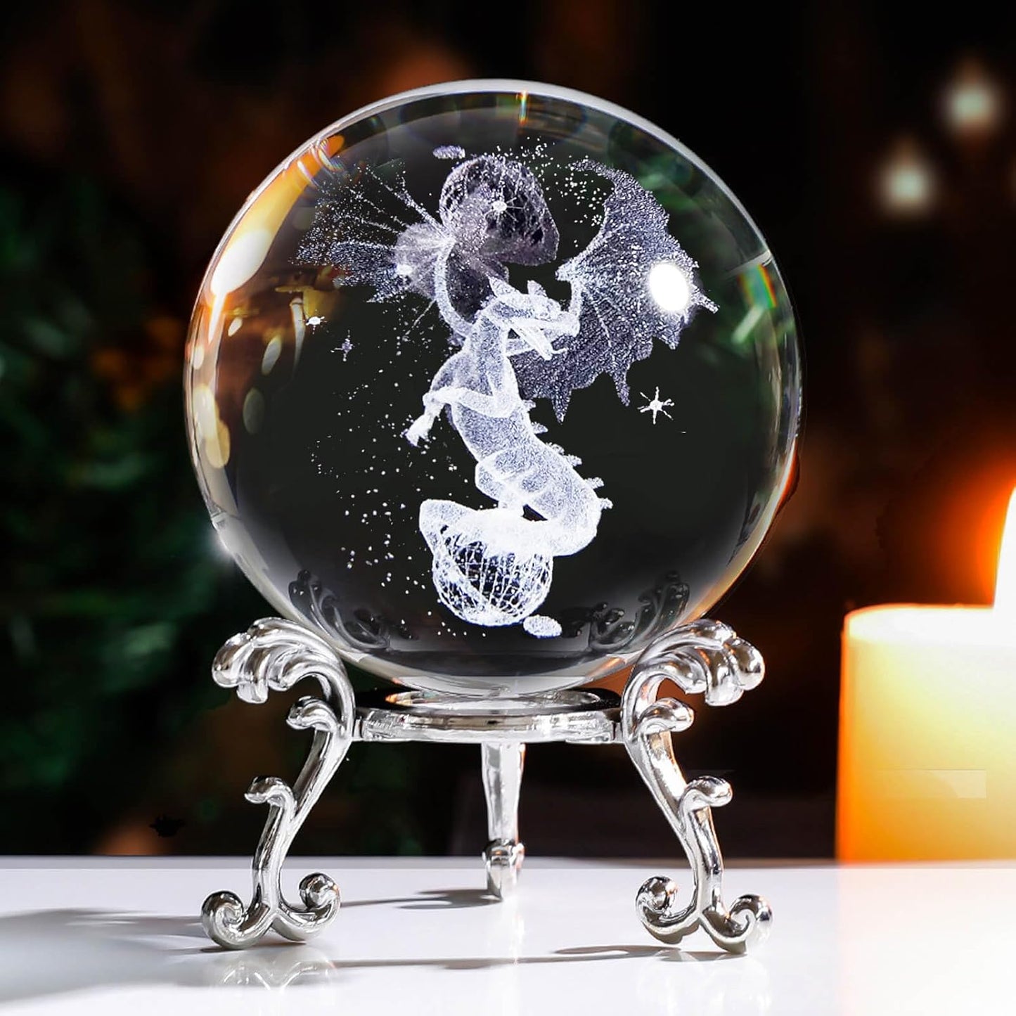 3D Dragon Crystal Ball Paperweight, 60mm Laser Engraved Dragons Figurines Glass Sphere Decorative Balls with Stand, Crystal Dragon Gifts for Women Men Kids (Dragon-New)