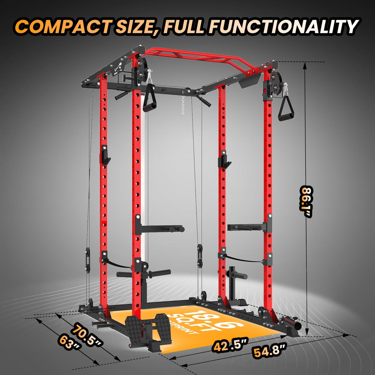 GaveeLife Power Cage, 2000 LBS Power Rack with Cable Cross-Over System, Multi-Functional Strength Training Squat Rack with LAT Pull Down System, Home Gym Equipment with Training Attachment, Red