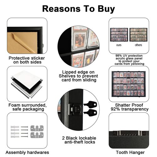 Baseball Card Display Case 36 Graded Sport Card Display Case Wall Mount with Clear View and UV Protection Acrylic Door for Baseball Football Basketball Hockey Trading Card Collection, Black