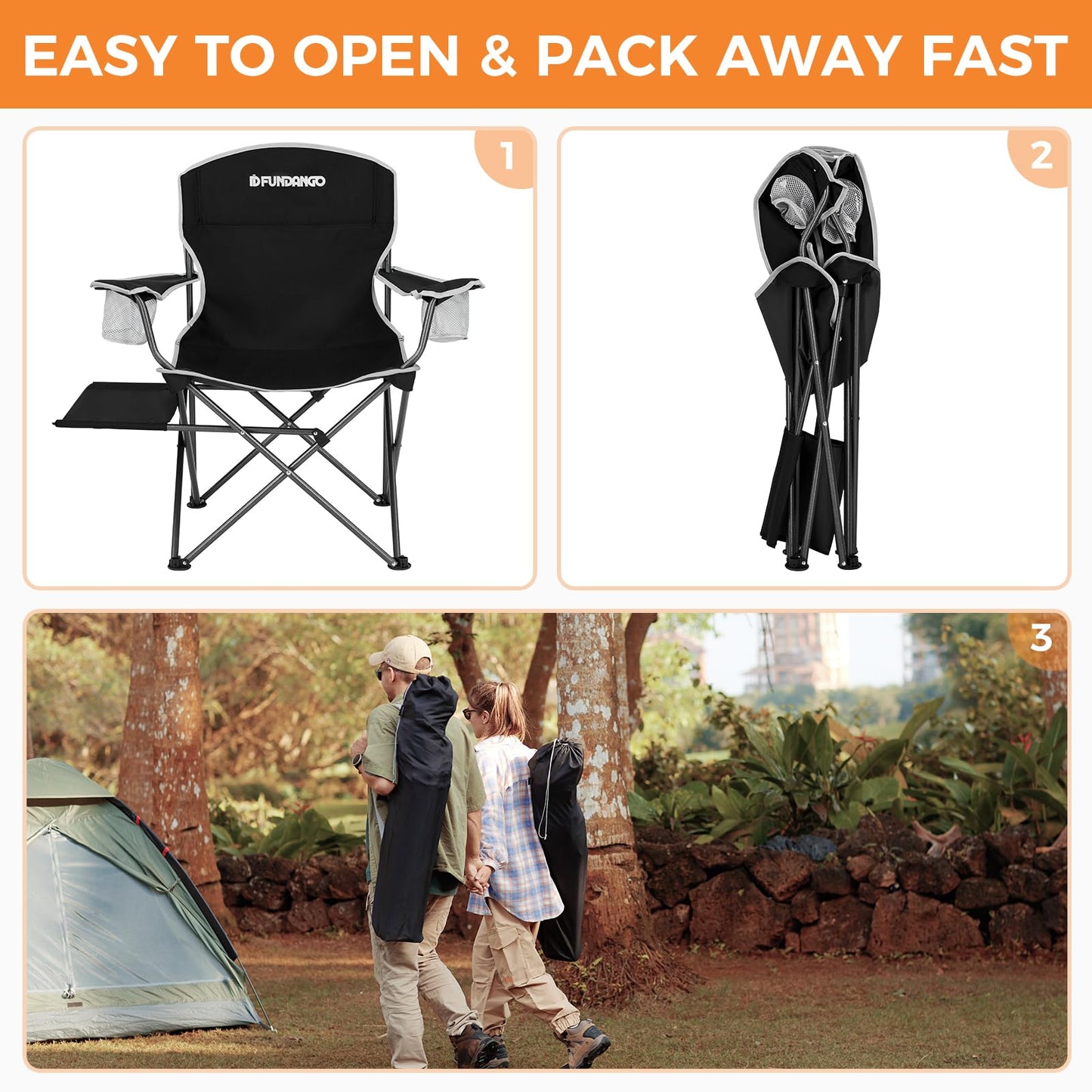 FUNDANGO Camping Chairs for Adults, Outdoor Camping Chairs with Side Table, 2Pack Lawn Chair with Carry Bag and Cup Holder for Garden, Camping, Picnic, BBQ, Concert, Support 300LBS