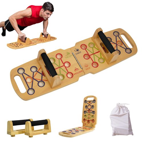 Wooden Portable Push up board, foldable fitness strength training pushup stand with solid bar grips, 2 handles for floor, professional push up training equipment for man and women, Brown