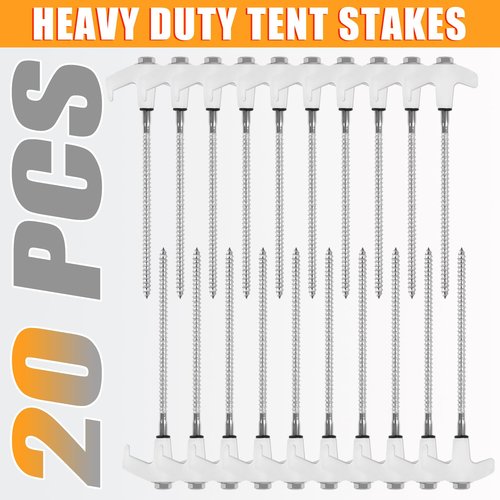 NVAAV 20 Pcs 8" Heavy Duty Drill Tent Stakes with Storage Bag, Glow-in-The-Dark Ground Anchor Peg, Metal Threaded Screw-in Tent Stake for Camping Swing Canopies with 1 Hex Nut Driver, Peg Puller