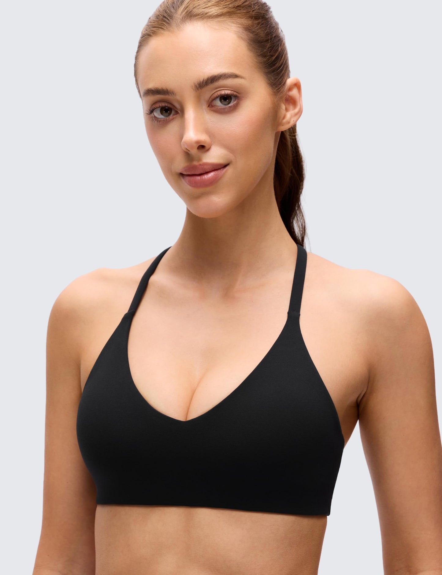 CRZ YOGA Butterluxe Low Coverage V Neck Sports Bras for Women - Spaghetti Straps Racerback Padded Yoga Top Black Medium
