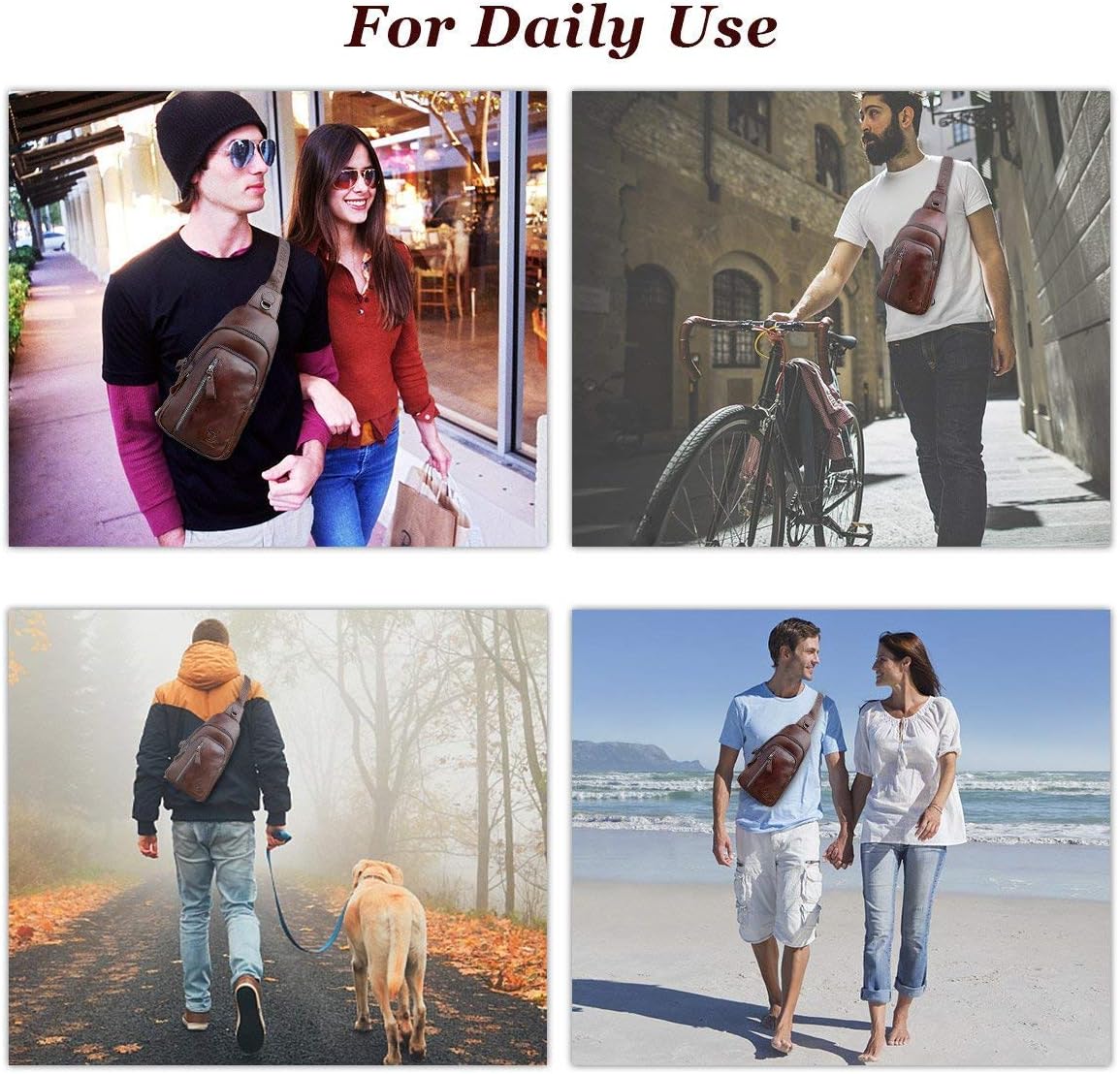 Sling Bag, Leather Chest Bag Crossbody Shoulder Business Backpack Outdoor Coffee