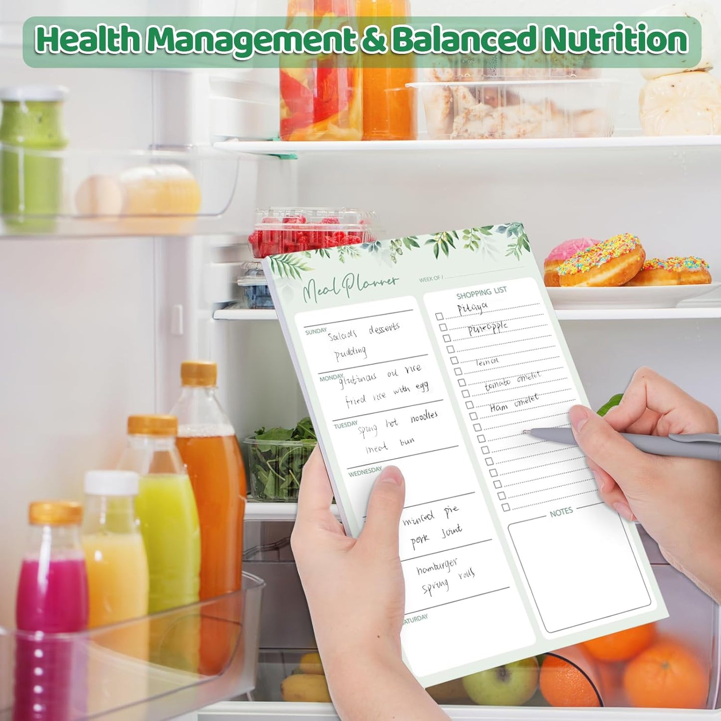 60 Sheet Meal Planner for Fridge, Magnetic Weekly Meal Planner & Grocery List with Tear-off Shopping List for Meal Prep, 7x10''-Flower Design