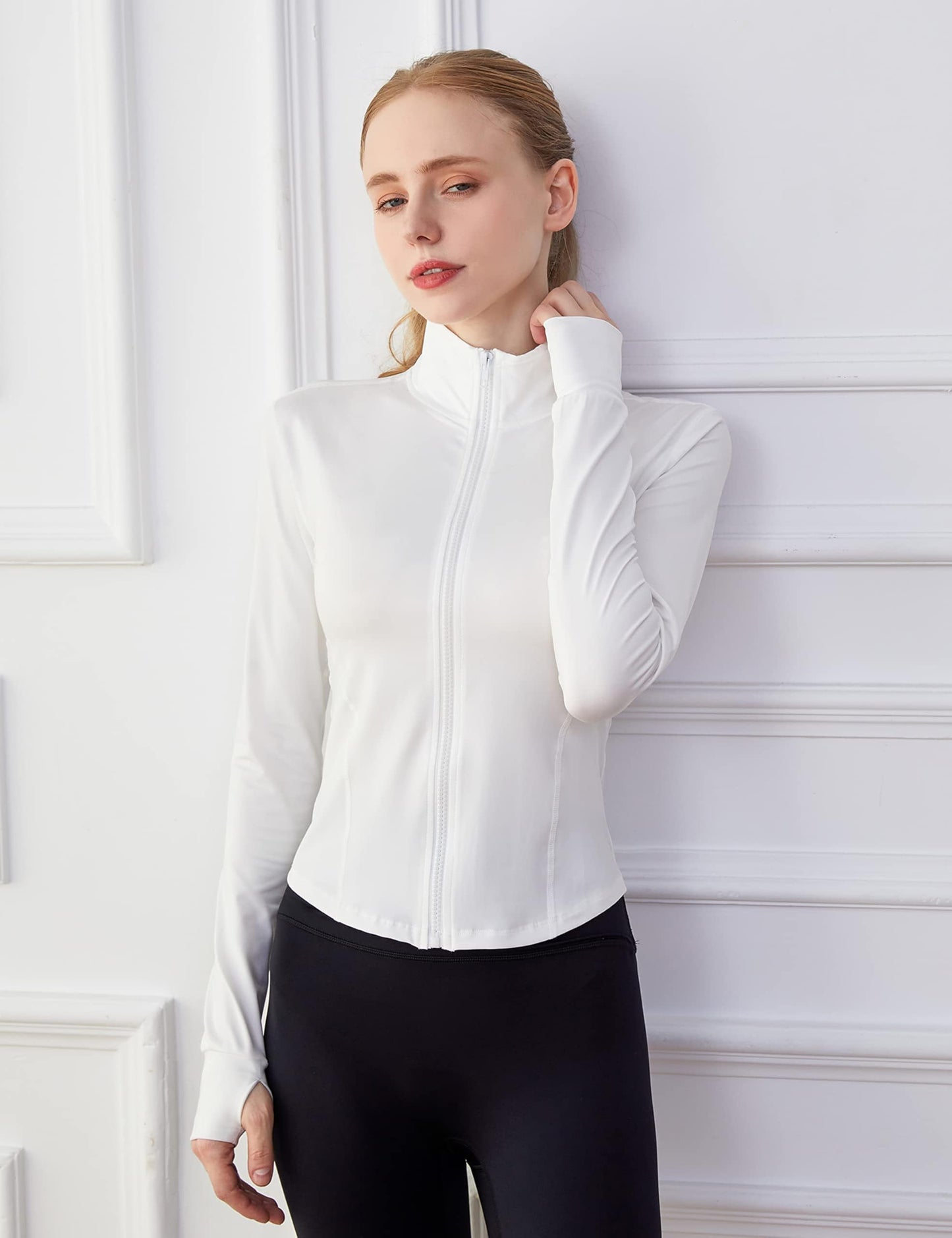 Lviefent Womens Lightweight Full Zip Running Track Jacket Workout Slim Fit Yoga Sportwear with Thumb Holes (White, Small)