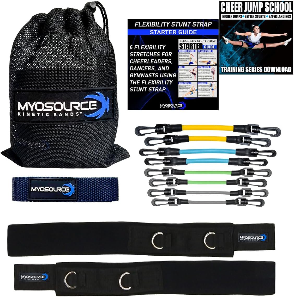 Cheer Kinetic Bands Cheerleader Flexibility and Strength Training | Improve Jumps, Stunts, Landings | 4-Level Leg Resistance Bands & 12 Stunt Strap Color Options, Digital Training Downloads