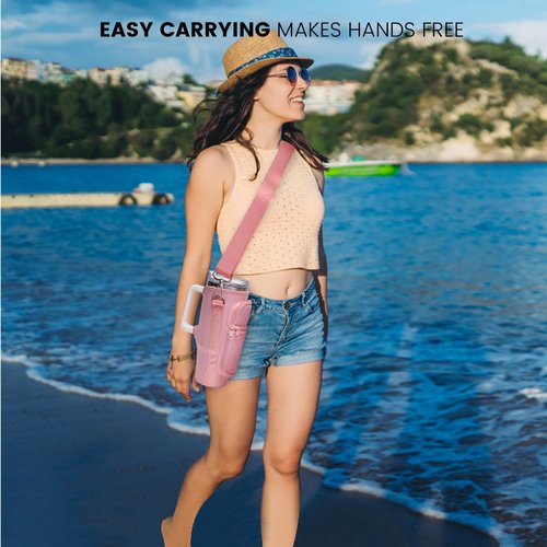 DCLMALL Water Cup Holder Bag with Pocket for Stanley 40oz Tumbler with Handle,Water Cup Carrier for Hiking Travelling Camping with Adjustable Shoulder Strap for Stanley Cup Accessories (pink)