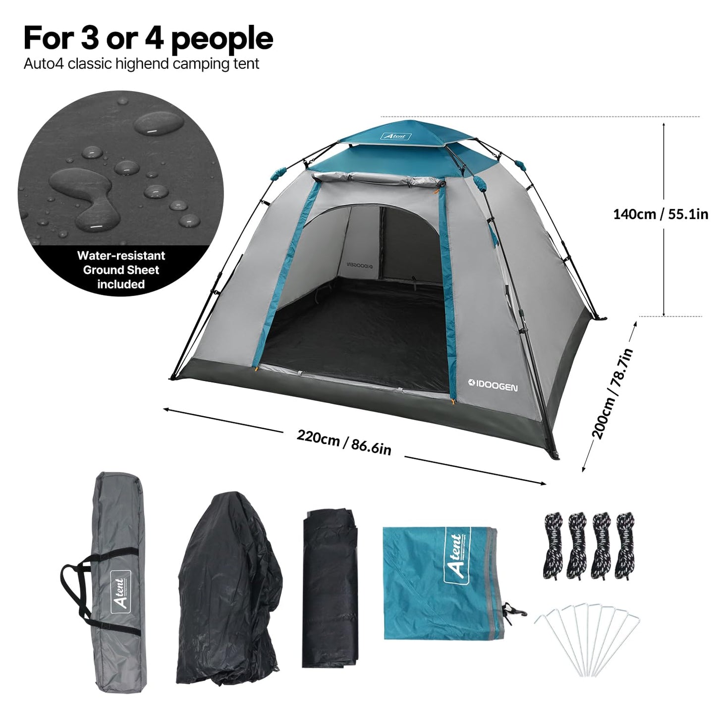 IDOOGEN Instant Tents for Camping, 2-3 Person Pop Up Camping Tent, 60s Easy Setup Waterproof Dome Tent for Camping Beach Outdoor Travel (Classic High-End Teal Blue)