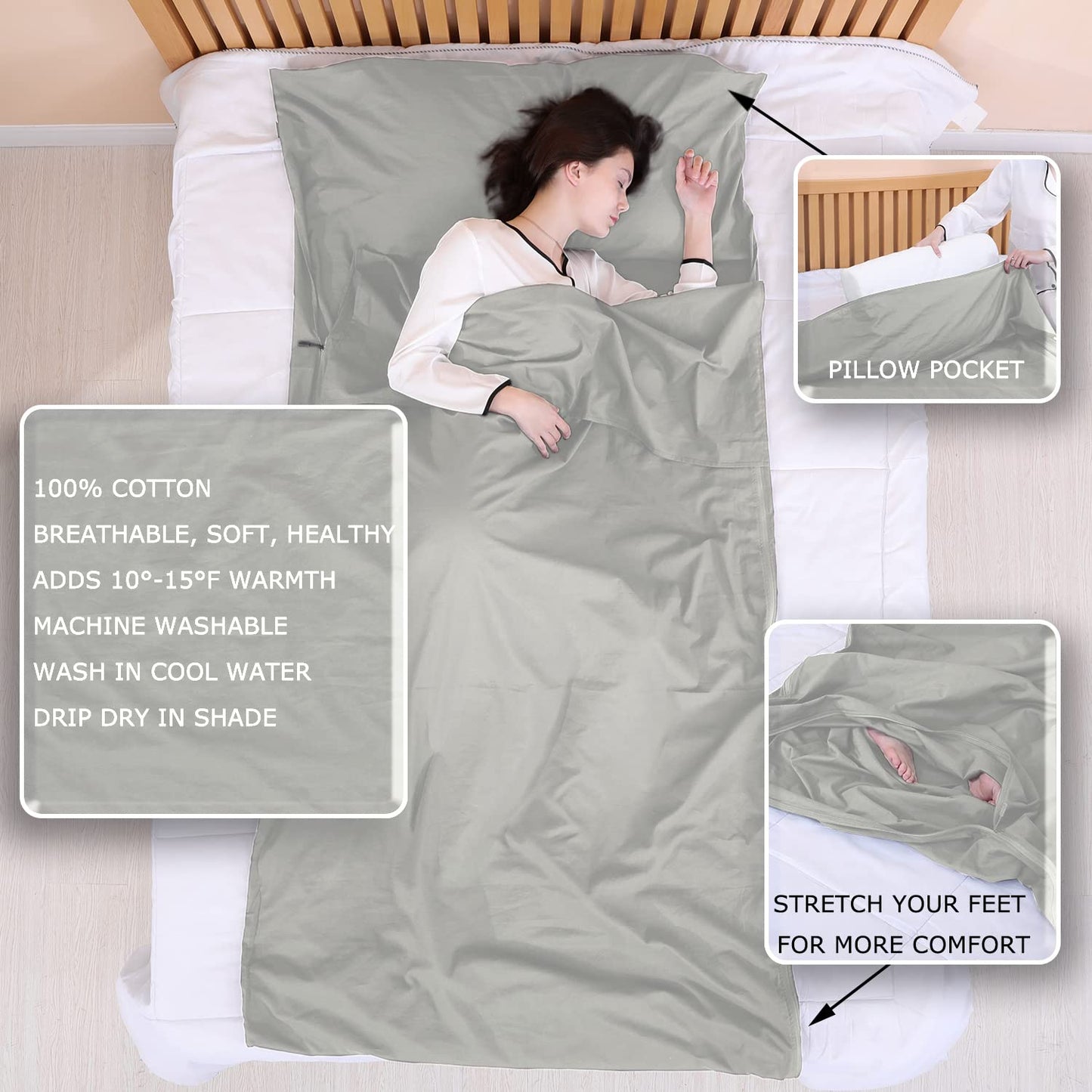 EXERMIL 100% Cotton Sleeping Bag Liner with Full Length Zipper on 3 Sides; Single/Double Adult Sleep Sack for Travel & Camping, Multifunctional Travel Sheets (Unzipped 87”x87”) for Hotel, Lightweight