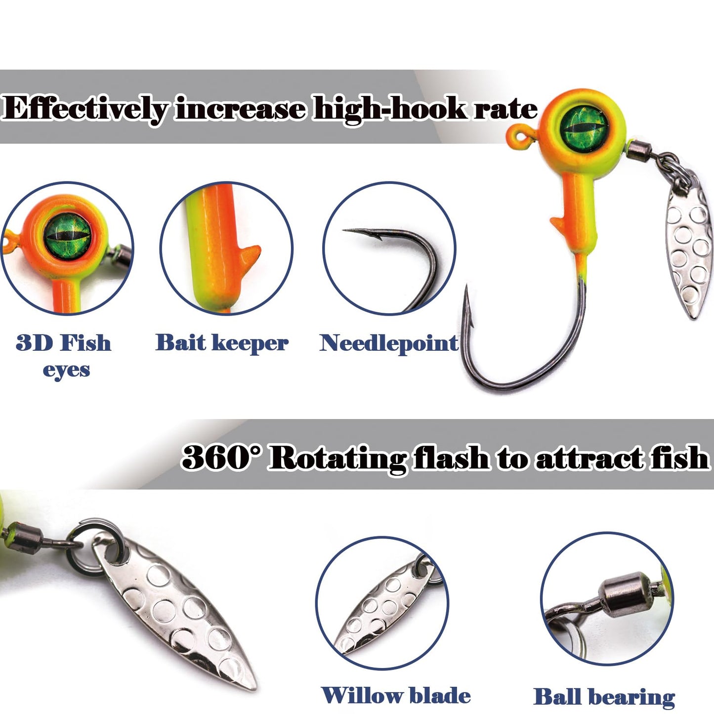 FishTrip Jig Heads Hooks with Spinner - 10Pcs Underspin Crappie Fishing Jighead with Willow Blade for Saltwater Freshwater 1/16oz,1/8oz,3/16oz,1/4oz