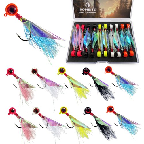 Bombite Crappie Jigs - Hand-Tied Jig Heads with Rainbow Skin Feather, Fishing Lures Kit for Bass, Walleye, Panfish, Sunfish - 1/16oz