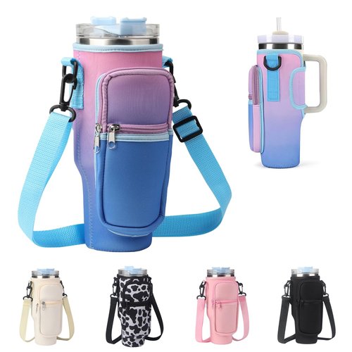 SANNADADOWater Bottle Carrier Bag with Phone Pocket for Stanley 40oz Tumbler Simple Modern Tumbler with Handle 40oz Tumbler Carrier With Strap Stanley Accessories (Gradient Purple)