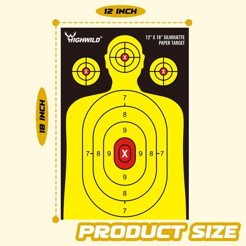 Highwild Shooting Range Silhouette Paper Target - 12X18 Inches - Suitable for Handguns, Rifles, Airguns, BB Guns (50 Pack, Black & Yellow)