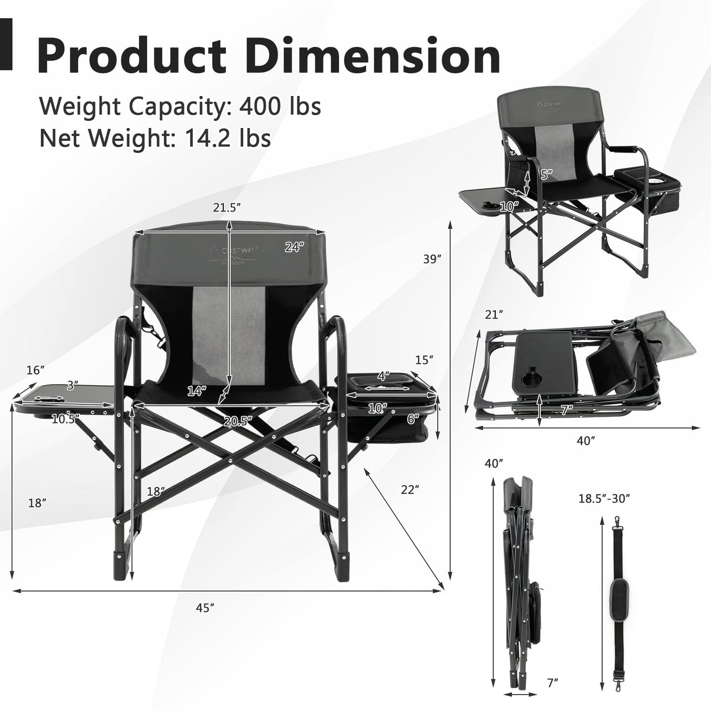 COSTWAY Folding Camping Chair, Heavy-Duty Director Chair Supports 400lbs for Adults with Side Table, Cooler Bag, Storage, Strap, Portable Makeup Chair Suitable for Fishing Picnic, Black