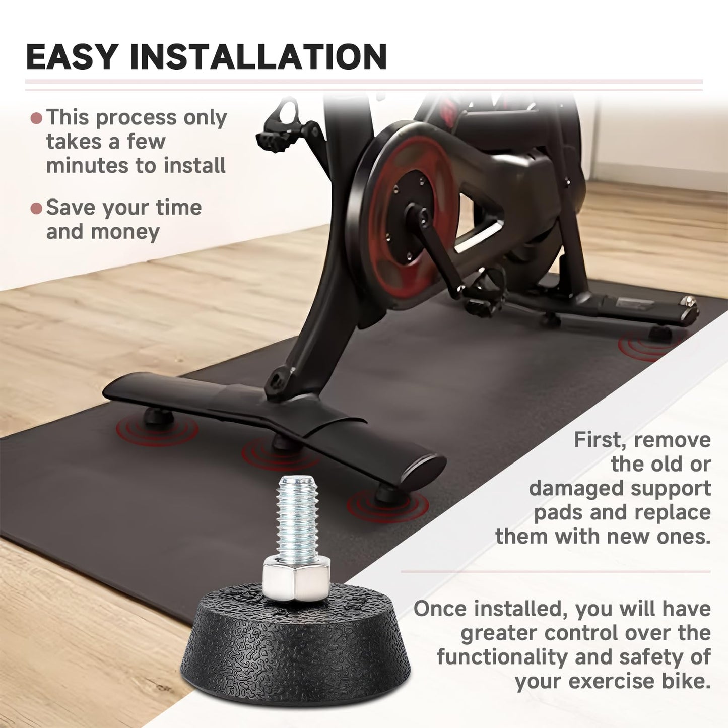 (4 Pack) for Peloton Exercise Bike Support Foot Pad, Upgraded Stainless Steel 3/8" Leveling Screws, Rubber Swivel Non-Slip Shock-Absorbing, Easy Install Replacement Parts